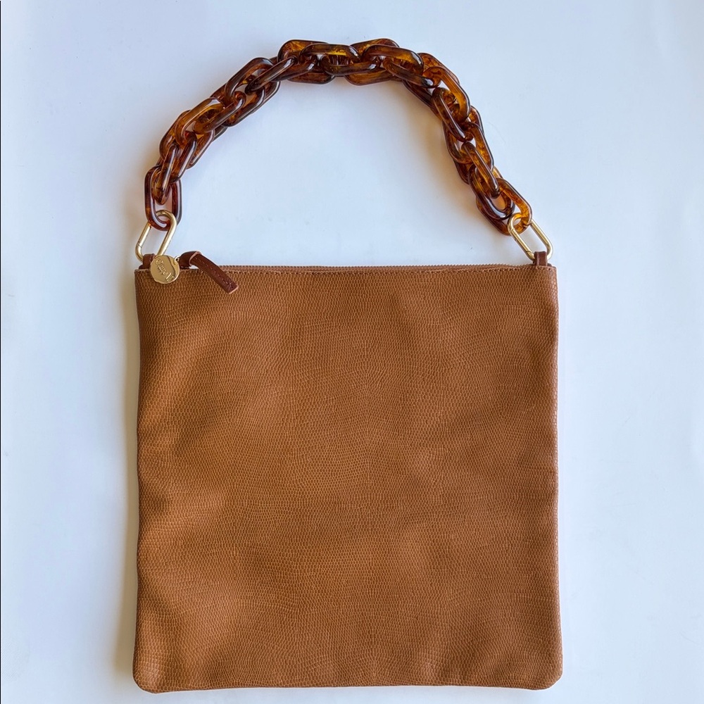 Classic Brown Leather Foldover Clutch with Tortoiseshell Chain Strap